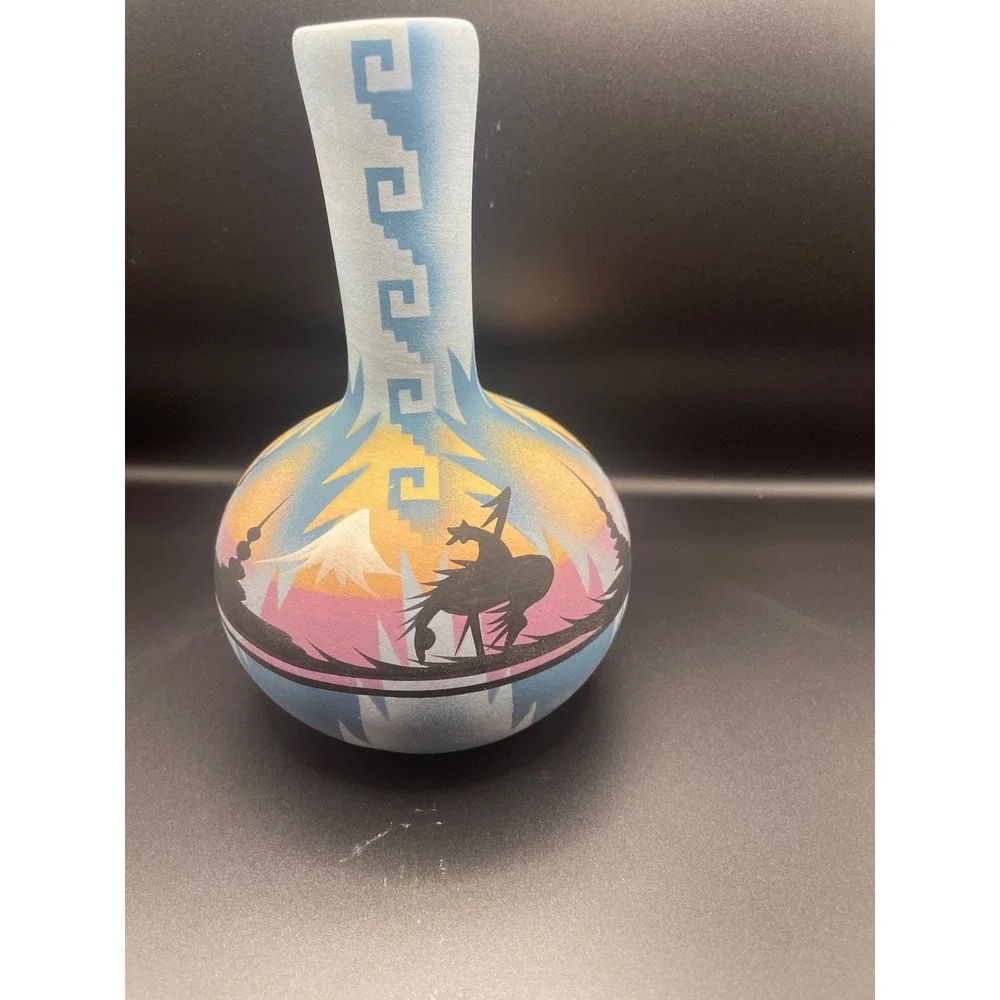 Warren Dineh Signed Southwestern Pottery Vase Blue Sunset Horse Rider Landscape